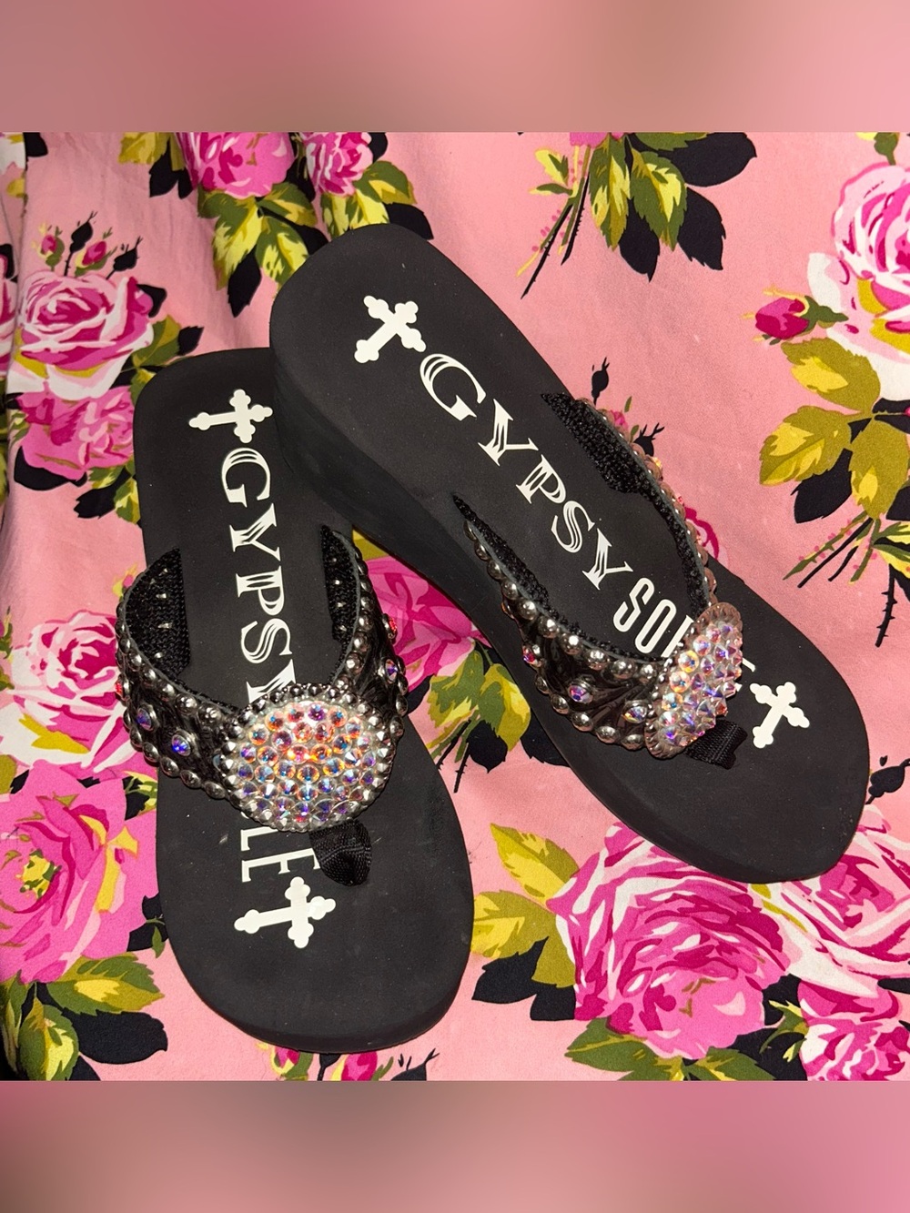 Gypsy soule 3” Black crystal platform sandals flip flops 90’s Y2K vintage shoes